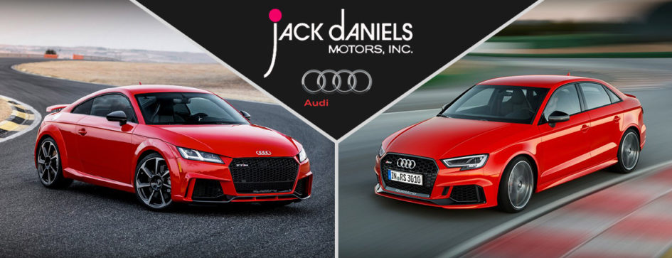Custom image of a 2018 Audi RS 3 and 2018 Audi TT RS facing each other with the words "Jack Daniels Motors, INC." and "Audi" at the top