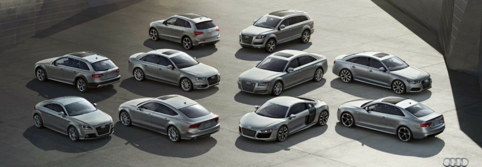 A lineup of Audi cars and SUVs featured in a blog post about cars for sale in Paramus, NJ